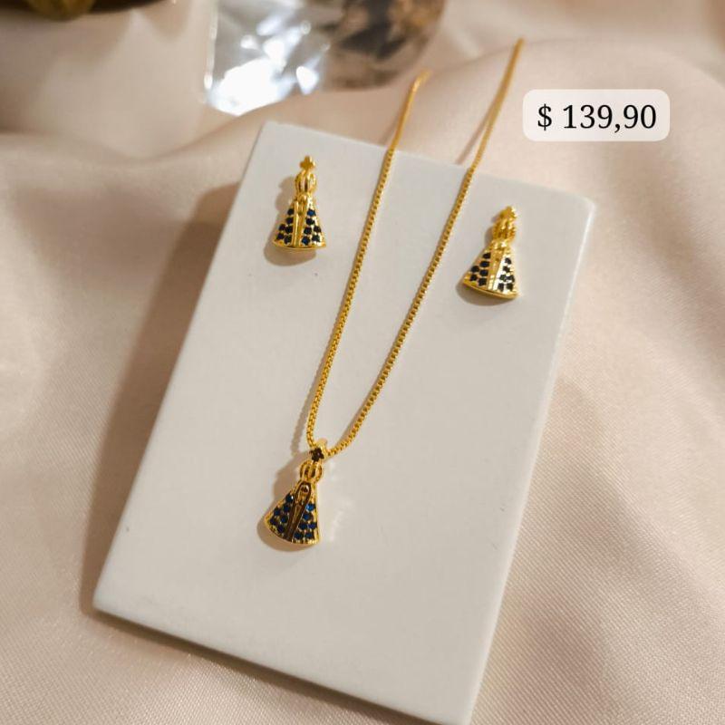 CONJUNTO DE NOSSA SENHORA APARECIDA CRAVEJADO EM MICRO ZIRCONIA