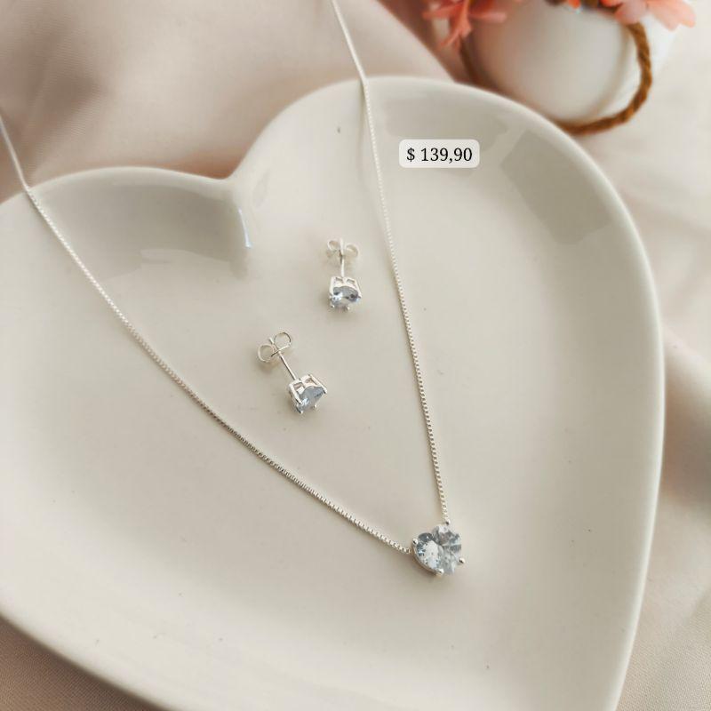 CONJUNTO PEDRA EM FORMA DE CORAÇÃO EM ZIRCONIA B. A PRATA 925