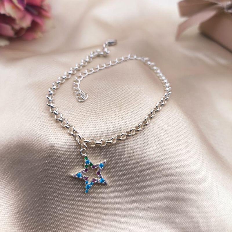 PULSEIRA ELO PORTUGUES COM ESTRELA VAZADA CRAVEJADA EM MICRO ZIRCONIA COLORIDAS