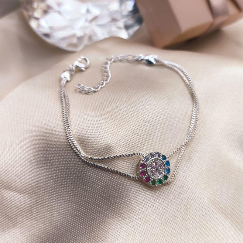 PULSEIRA VENEZIANA DUPLA COM CIRCULO NO MEIO CRAVEJADO EM MICRO ZIRCONIA COLORIDAS