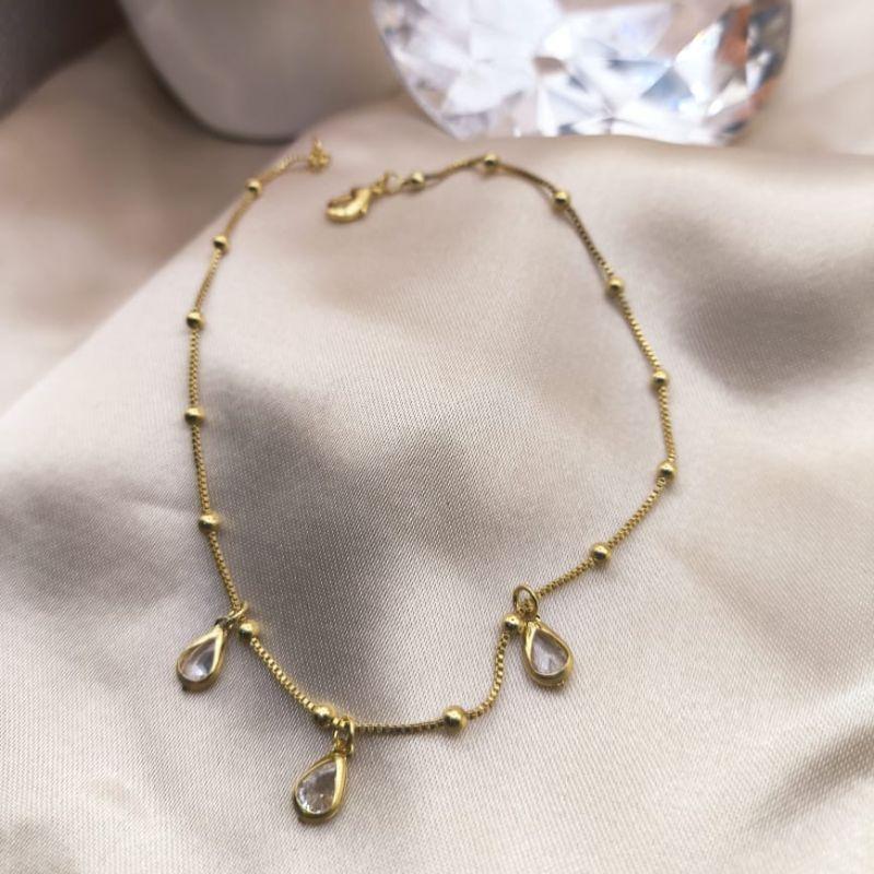 TORNOZELEIRA VENEZIANA COM MINI ESFERAS E PEDRA DE ZIRCONIA EM FORMA DE GOTA