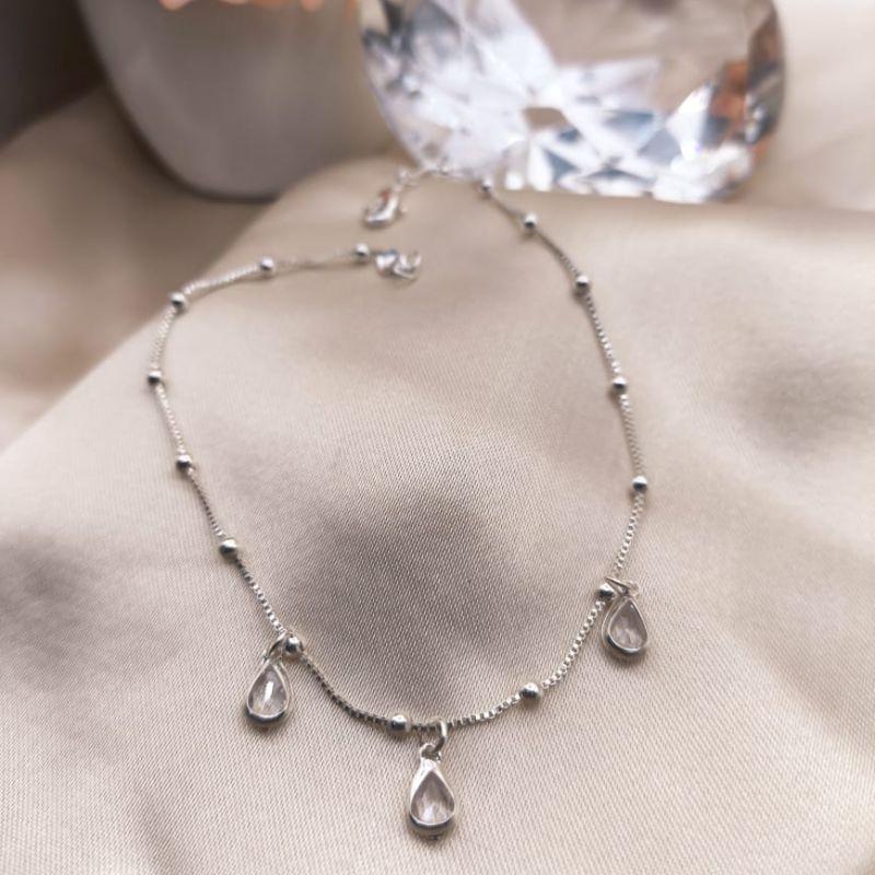 TORNOZELEIRA VENEZIANA COM MINI ESFERAS E PEDRA DE ZIRCONIA EM FORMA DE GOTA