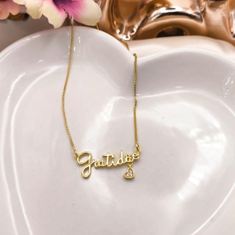 COLAR NOME GRATIDÃO E CORAÇÃO CRAVEJADO EM MICRO ZIRCONIA NO FINAL