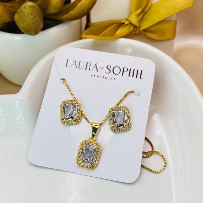 CONJUNTO COM PEDRA RETANGULAR CRAVEJADO EM MICRO ZIRCONIA AO REDOR