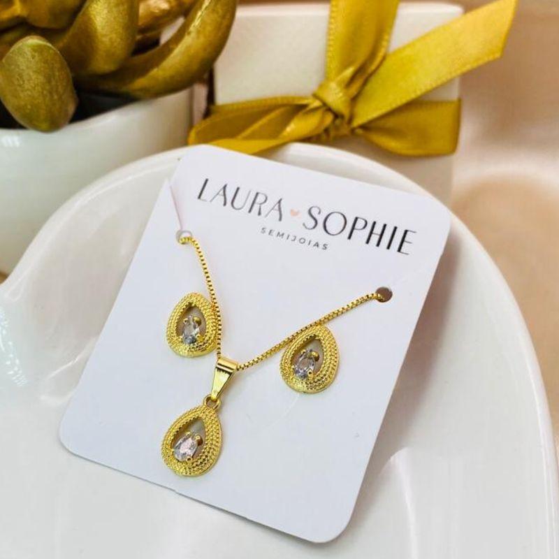 CONJUNTO EM FORMA DE GOTA CRAQUELADO COM PEDRA NO MEIO EM FORMA DE GOTA