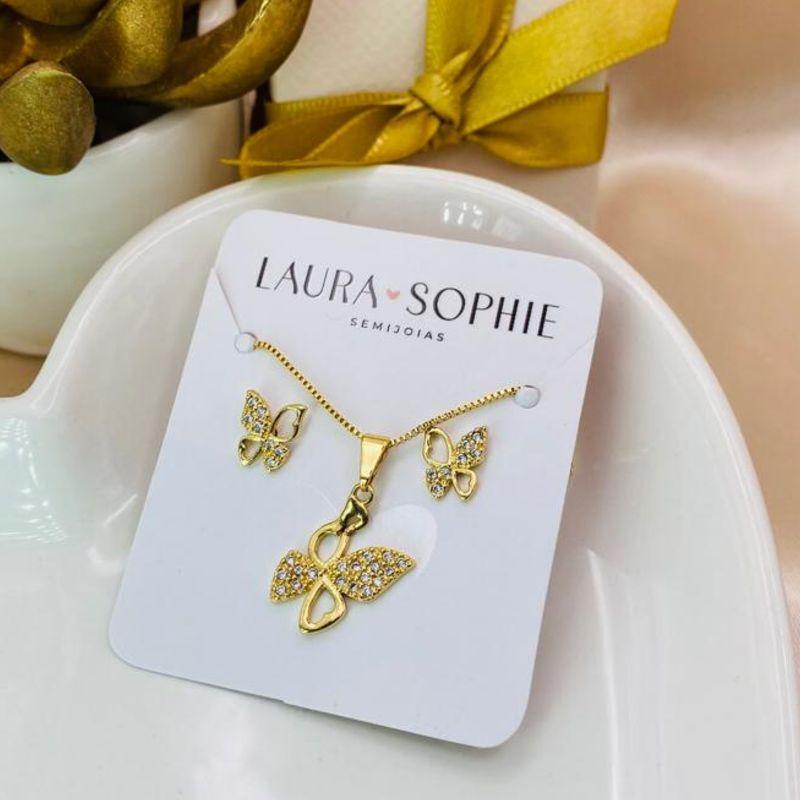 CONJUNTO INFANTIL BORBOLETA LISA E CRAVEJADO EM MICRO ZIRCONIA