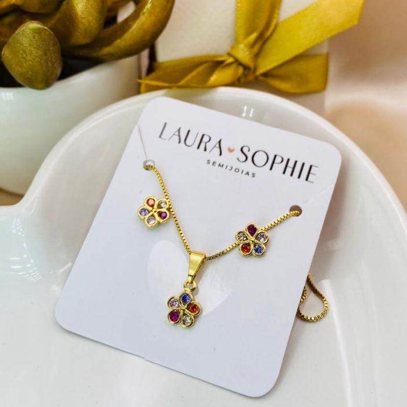CONJUNTO INFANTIL FLOR COM 5 PEDRAS DE ZIRCONIA COLORIDAS