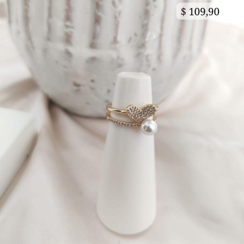 ANEL 2 EM 1 CORAÇÃO CRAVEJADO COM PEROLA