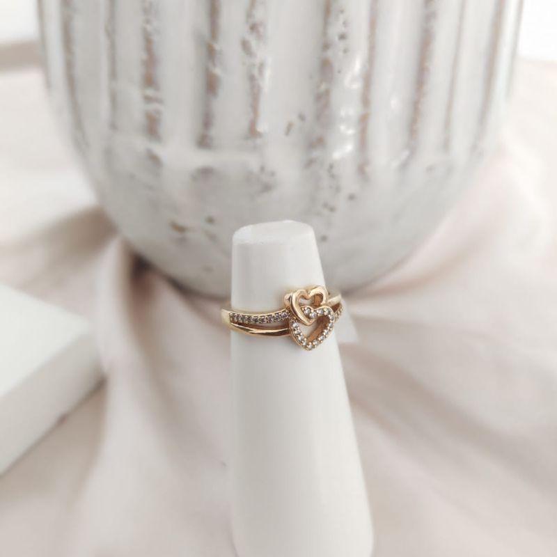 ANEL 2 EM 1 CORAÇÃO LAÇADO LISO E CRAVEJADO ZIRCONIA