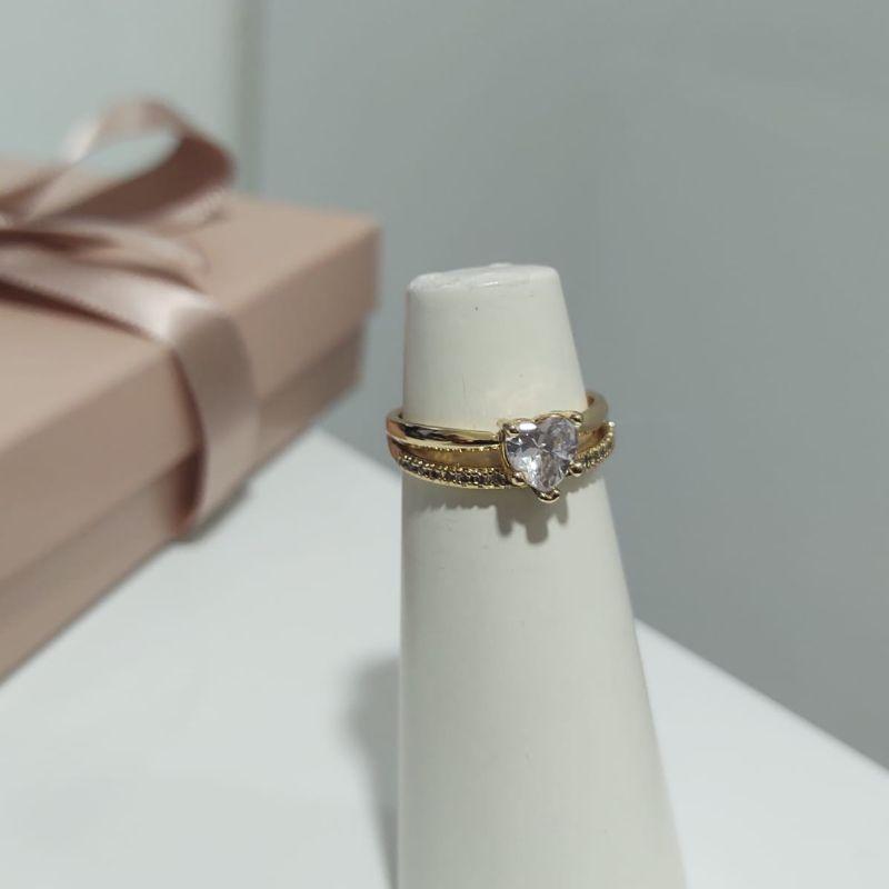 ANEL 2 EM 1 CRAVEJADO E LISO COM CORAÇÃO DE ZIRCONIA