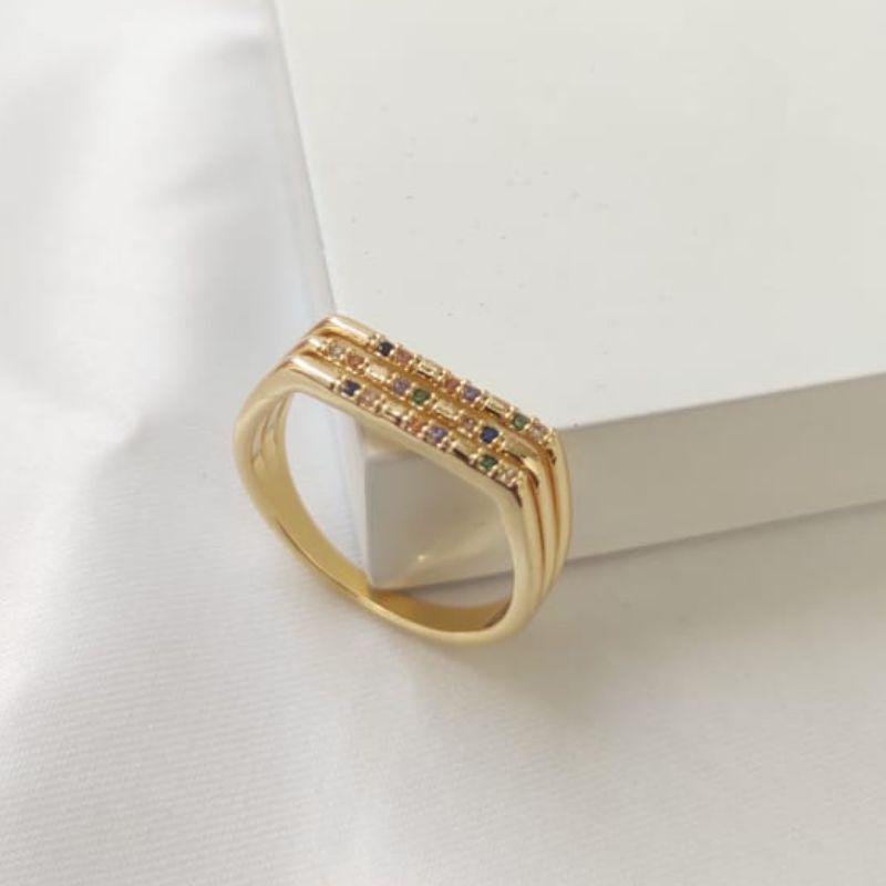 ANEL 3 EM 1 COM DETALHE RETO E PEDRAS EM MICRO ZIRCONIA COLORIDAS