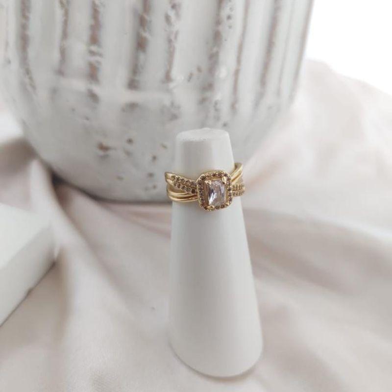 ANEL 4 EM 1 CRAVEJADO E LISO PEDRA SOLITARIA RETANGULAR ZIRCONIA