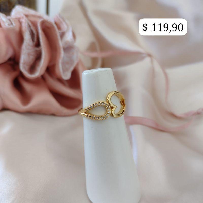 ANEL ENCONTRO GOTA CRAVEJADA ZIRCONIA E CORAÇÃO VAZADO LISO