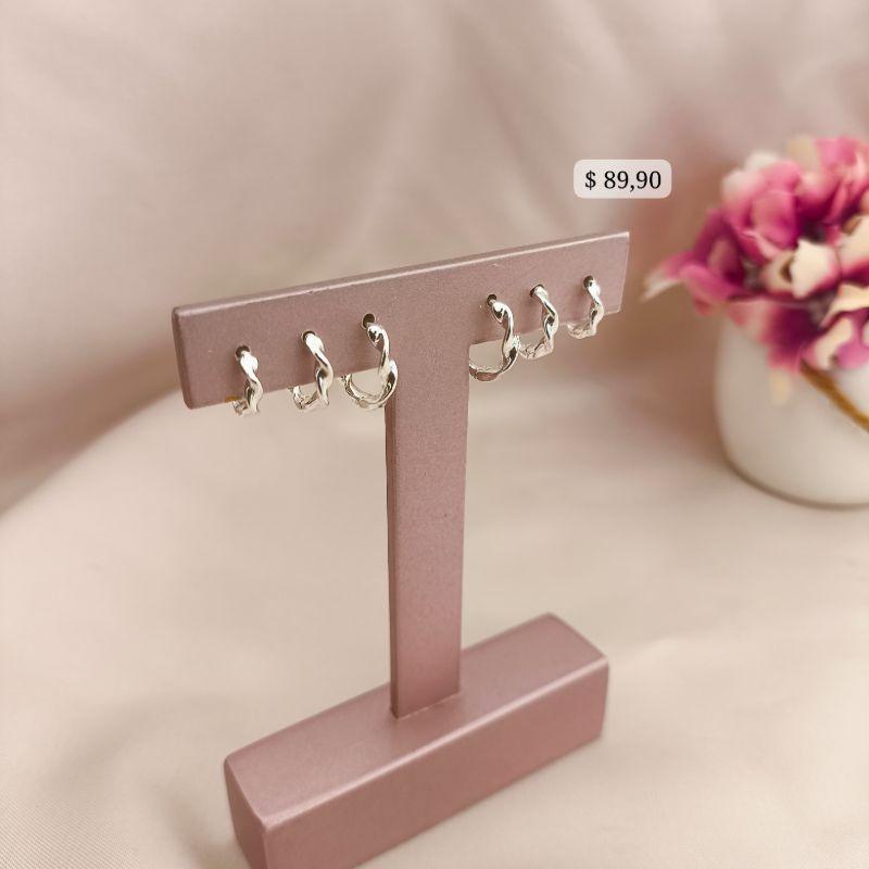 ARGOLA TRIO TORCIDA TAM G,M,P  B. PRATA 925 TAM G