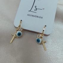 BRINCO ARTICULADOR 3 PINGENTES CRUZ OLHO E PONTO DE LUZ