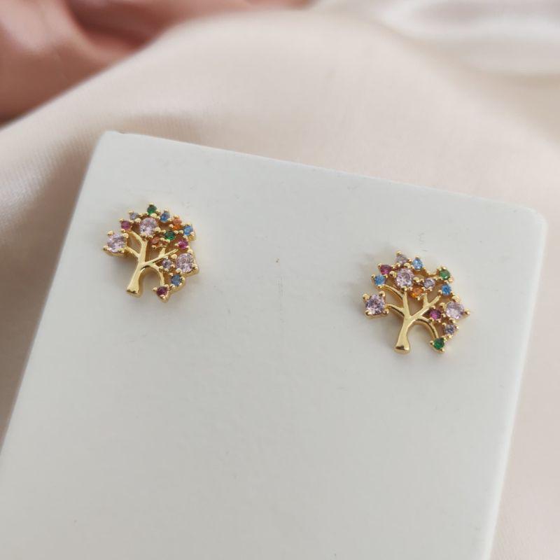 BRINCO ARVORE DA VIDA CRAVEJADO EM MICRO ZIRCONIA COLORIDAS