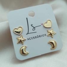 BRINCO TRIO DE BRINCO CORAÇÃO ESTRELA LUA LISO