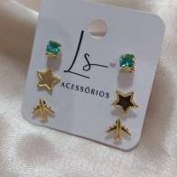 BRINCO TRIO DE BRINCO PEDRA VERDE QUADRADA ESTRELA E AVIÃO