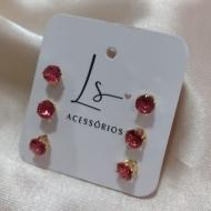 BRINCO TRIO DE BRINCO PEDRA VERMELHA ZIRCONIA