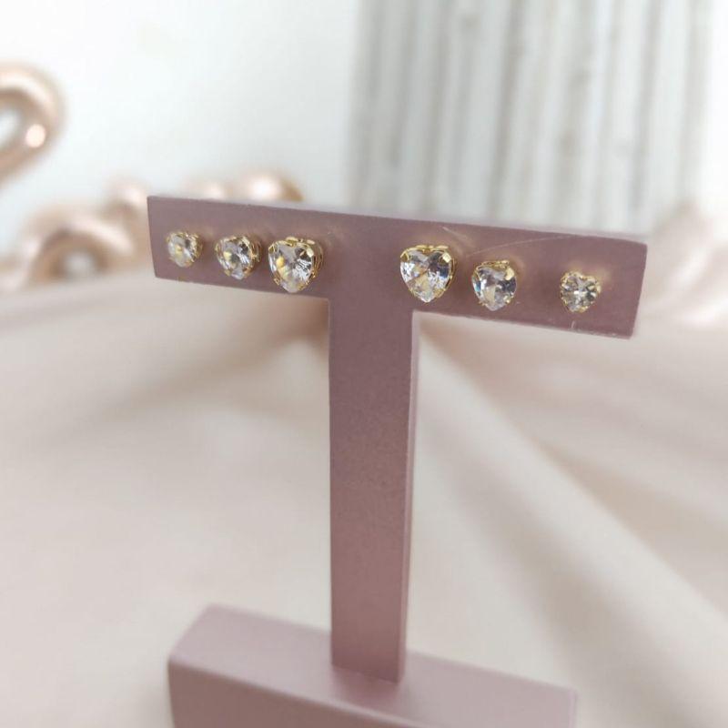 BRINCO TRIO DE CORAÇÃO PEDRA ZIRCONIA PEDRA M