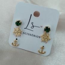 BRINCO TRIO PEDRA VERDE REDONDA LEME E ANCORA