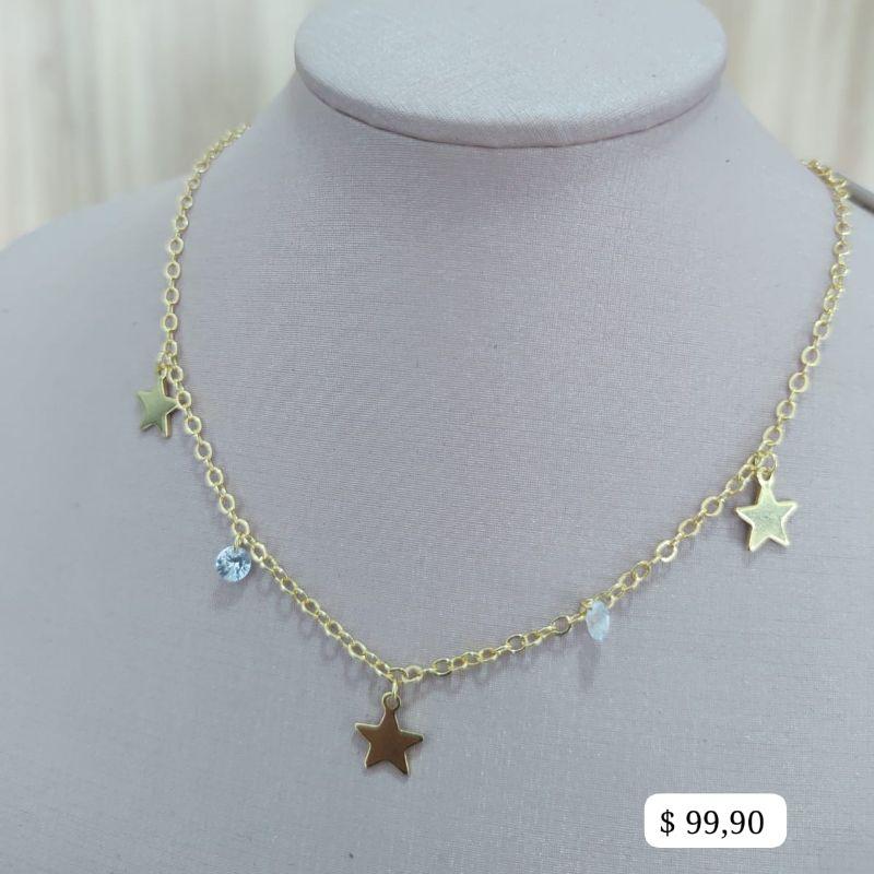 CHOKER ELO PORTUGES COM ESTRELAS E PONTO DE LUZ