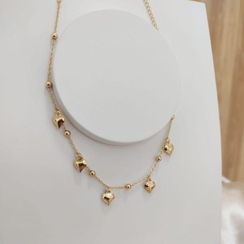 CHOKER ELO PORTUGUES COM CORAÇOES BOLEADOS E ESFERAS