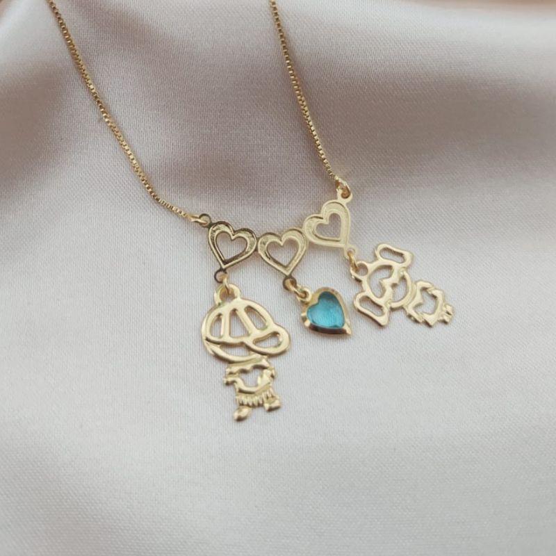 COLAR CANGA COM MENINO E MENINA E CORAÇÃO LISO VAZADO FILHOS