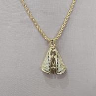 COLAR CORDÃO BAIANO PINGENTE DE NOSSE SENHORA UMA FACE CRAVEJADO ZIRCONIA CRISTAL E AZUL