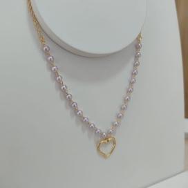 COLAR ELO PORTUGUES COM PEROLA E PINGENTE DE CORAÇÃO VAZADO LISO