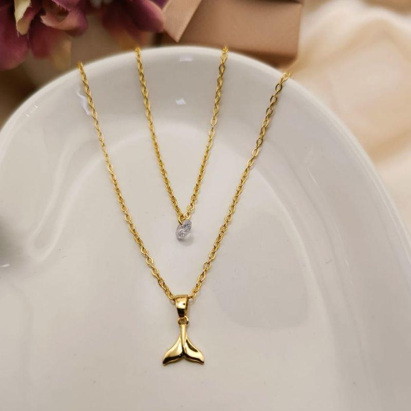 COLAR ELO PORTUGUES DUPLO COM PINGENTE DE CALDA DE PAIXE E PONTO DE LUZ