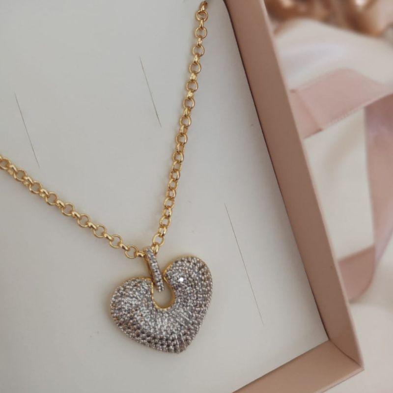 COLAR ELO PORTUGUES PINGENTE CORAÇÃO CRAVEJADO RODIO NEGRO DETALHE VAZADO