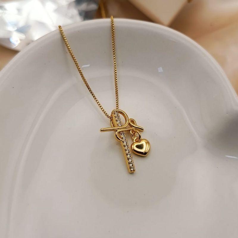 COLAR FE CRAVEJADA EM MICRO ZIRCONIA E CORAÇÃO BOLEADO LISO