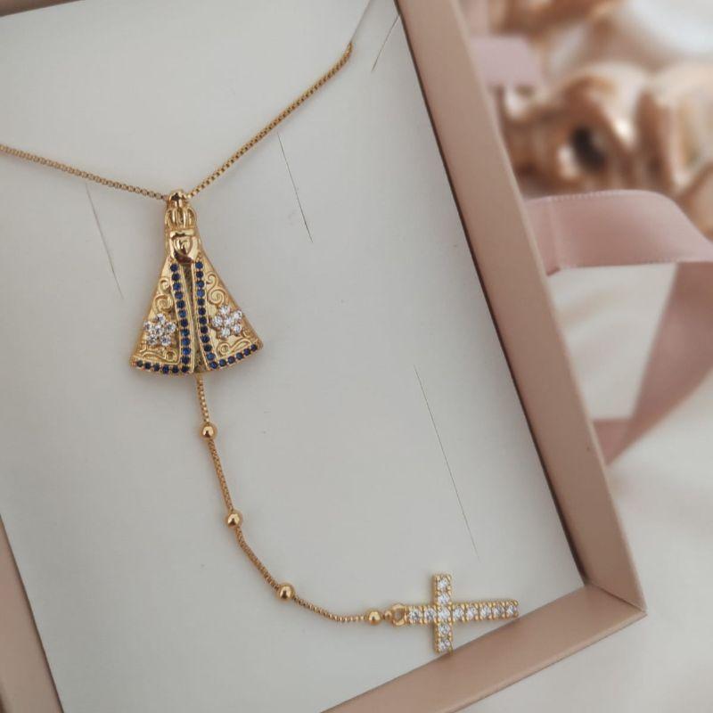COLAR NOSSA SENHORA APARECIDA COM CRUZ CRAVEJADA ZIRCONIA