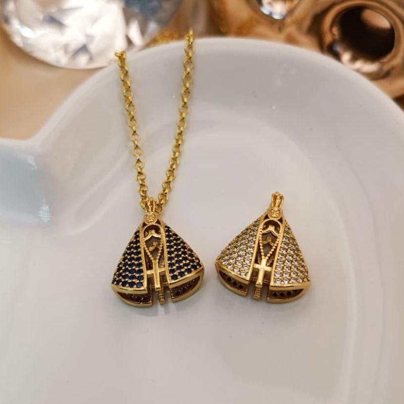 COLAR NOSSA SENHORA CRAVEJADO EM MICRO ZIRCONIA AZUL E TRANSPARENTE