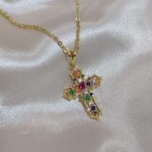 COLAR OLO PORTUGUES FINO COM CRUZ CRAVEJADA ZIRCONIA COLORIDA