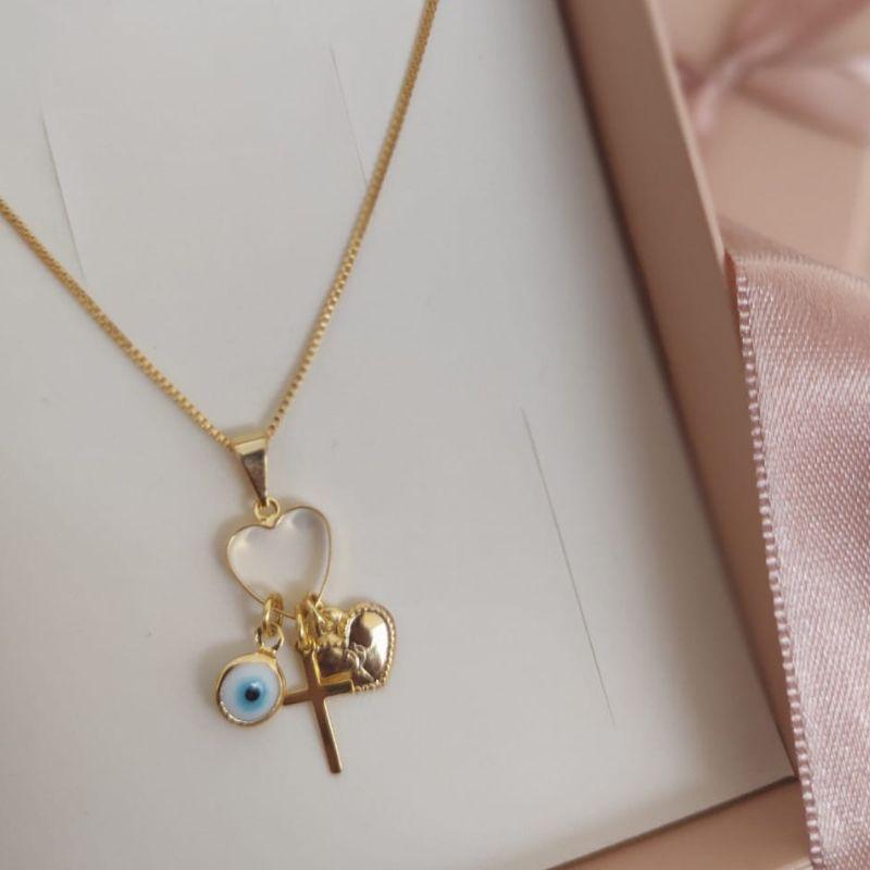 COLAR PATUÁ CORAÇÃO VAZADO COM CRUZ OLHO GREGO E CORAÇÃO