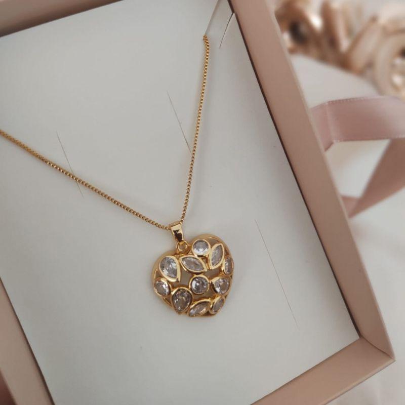 COLAR VENESIANA PINGENTE CORAÇÃO COM ZIRCONIA OVAL