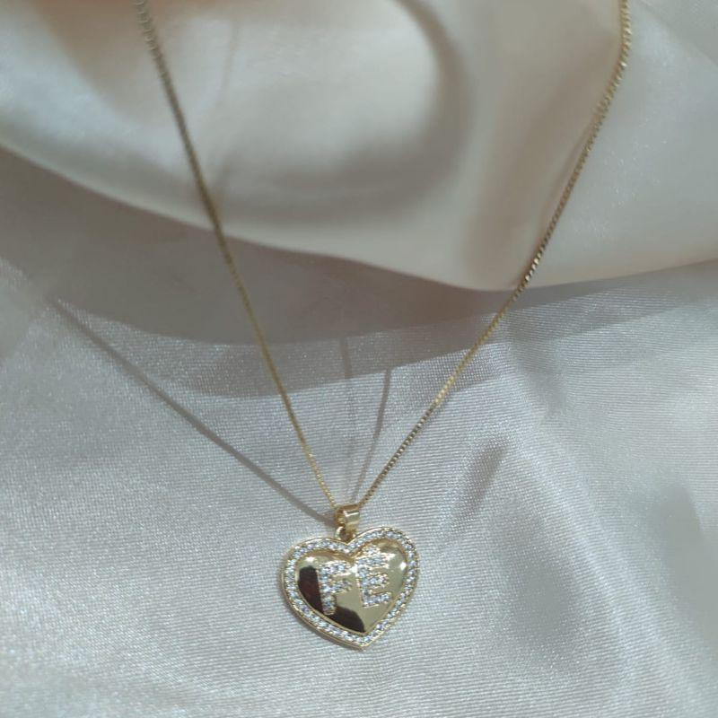 COLAR VENESIANA PINGENTE CORAÇÃO FÉ CRAVEJADO ZIRCONIA