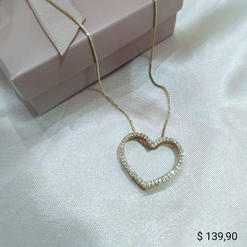 COLAR VENESIANA PINGENTE CORAÇÃO VAZADO 1 FILA DE ZIRCONIA COM GRADE