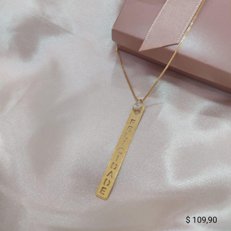 COLAR VENESIANA PINGENTE FELICIDADE VAZADO E PONTO DE LUZ