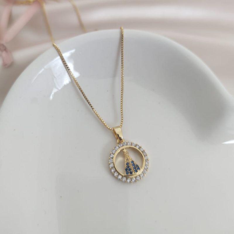 COLAR VENESIANA PINGENTE NOSSA SENHORA ZIRCONIA AZUL E ZIRCONIA AO REDOR 14MM