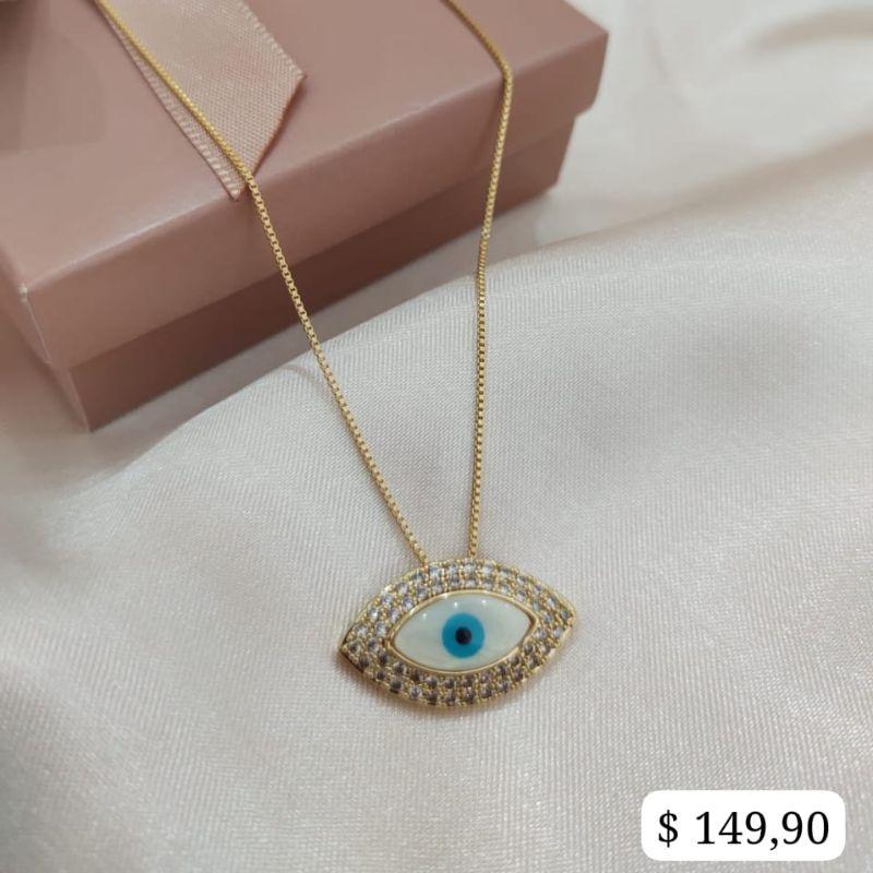 COLAR VENESIANA PINGENTE OLHO GREGO MADRE PEROLA OVAL CRAVEJADO AO REDOR 2 FILAS DE ZIRCONIA