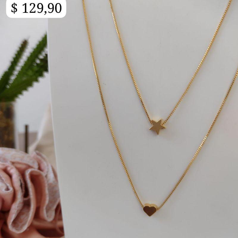 COLAR VENEZIANA DUPLO PINGENTE CORAÇÃO E ESTRELA