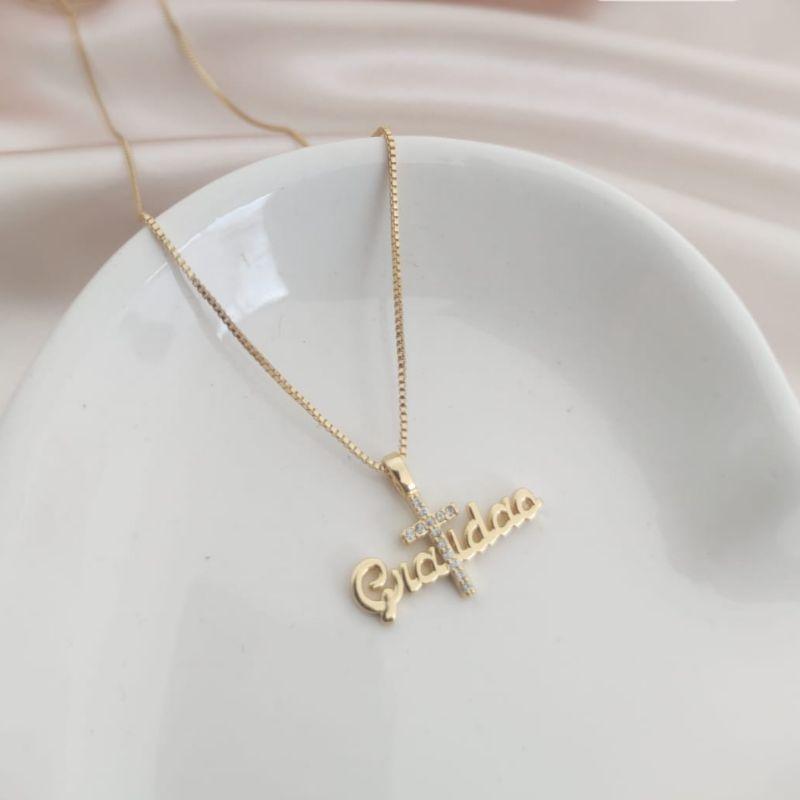 COLAR VENEZIANA PINGENTE GRATIDÃO COM CRUZ CRAVEJADA ZIRCONIA