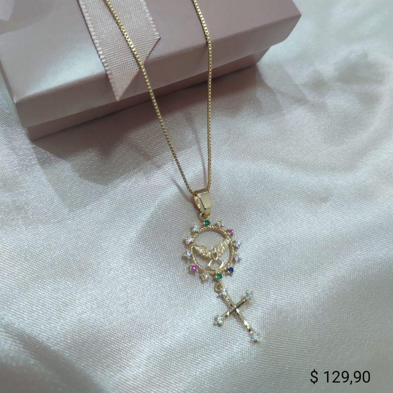 COLAR VENEZIANA PINGENTE REDONDO ESPIRITO SANTO ZIRCONIA COLORIDA E CRUZ COM ZIRCONIA