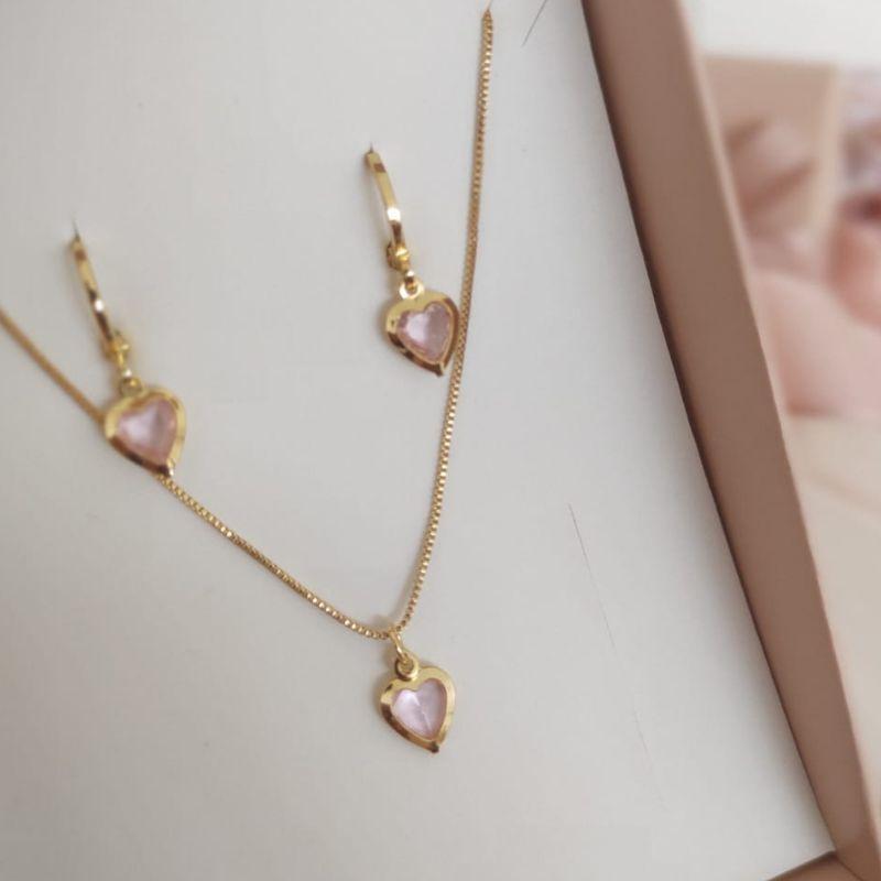 CONJUNTO CORAÇÃO ROSA E BRINCO ARTICULADOR CORAÇÃO ROSA