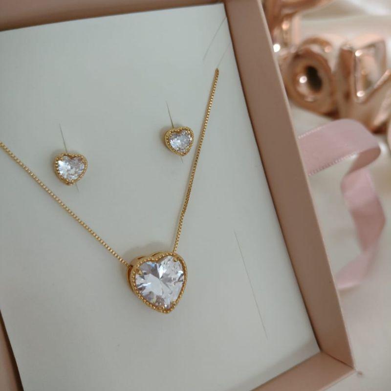 CONJUNTO VENEZIANA CORAÇÃO PEDRA ZIRCONIA 14MM