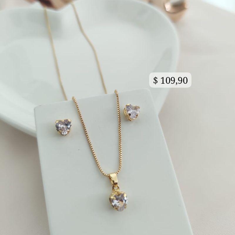 CONJUNTO VENEZIANA CORAÇÃO PEDRA ZIRCONIA