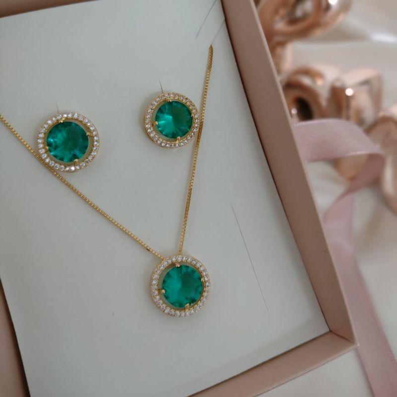 CONJUNTO VENEZIANA PEDRA REDONDA VERDE ZIRCONIA AO REDOR 15MM